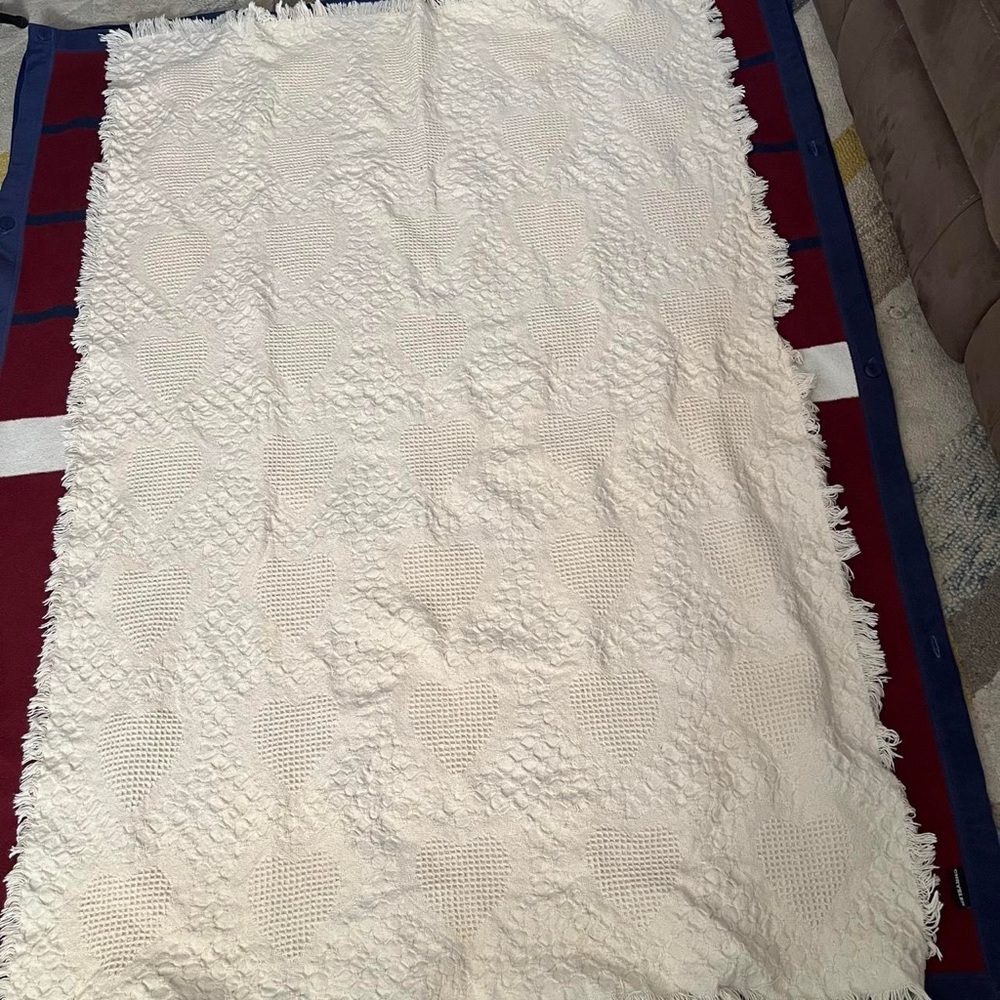 Vtg cream Heart Waffle Embossed Throw Blanket Country Pattern cottage core